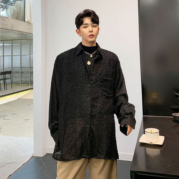 

men see through long sleeve loose tassel casual shirt male streetwear hip hop vintage party dress shirt oversize stage costumes, White;black