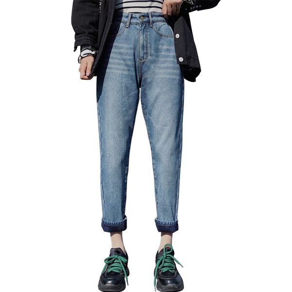 

women winter jeans 2019 fashion thicken warm jeans solid blue high waist denim harem pants fleeces jean streetpants p9256