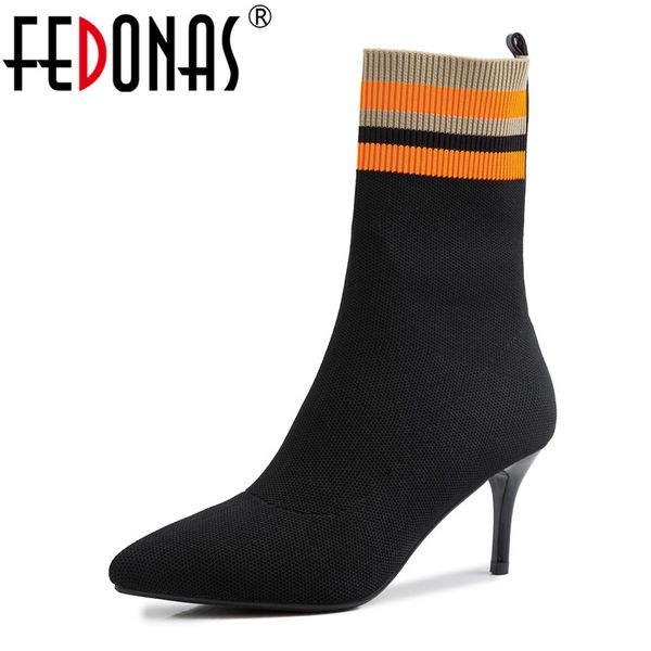 

fedonas warm autumn winter women mid-calf boots pointed toe party prom dancing shoes woman slip-on thin high heels socks boots, Black