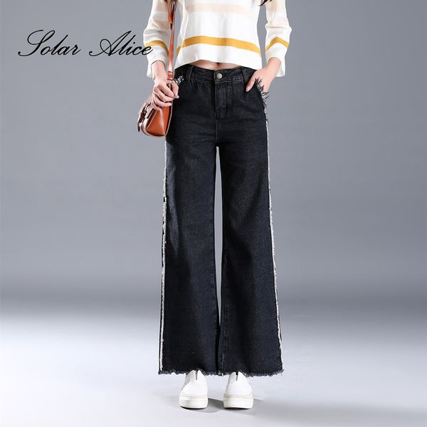 

solar alice 2019 high waist rough selvedge pockets women jeans black wide leg pants plus size loose female jeans, Blue