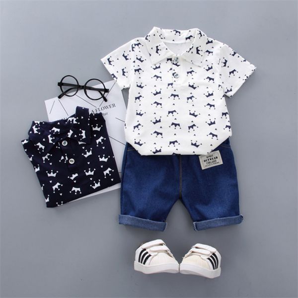 

kids clothes outfits 3 colors boy polo shirt suit short-sleeved printed t-shirt +denim shorts 2 pcs set kids designer clothes boys jy389, White