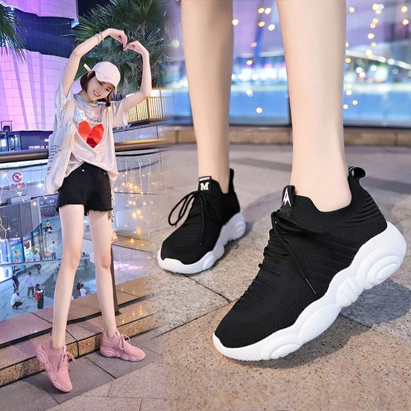 

female flying weaving students running shoes female inflatable socks and shoes new korean sports shoes in summer and autumn of 2019, Black