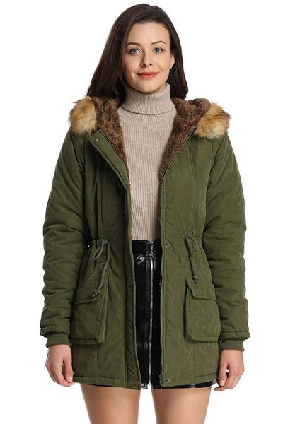 

women's trench coats hooded warm soft faux fur outwear green, Tan;black