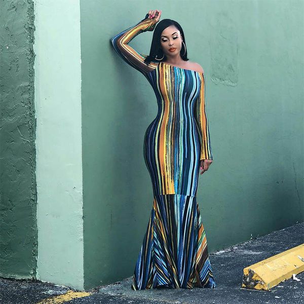 

color block striped off the shoulder mermaid long party dress vintage women bodycon slim ladies autumn fall 2019 maxi dress, Black;pink