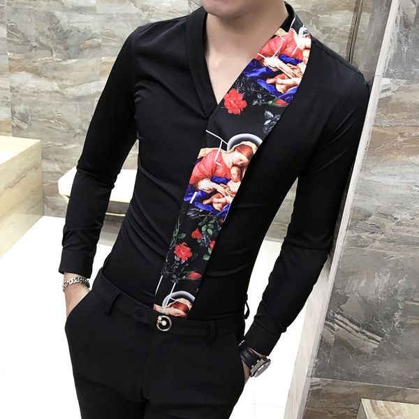 

Мода Сращивания Цветок Рубашка Печати Человек Camisa Masculina Весна Новый Шаблон С Длин