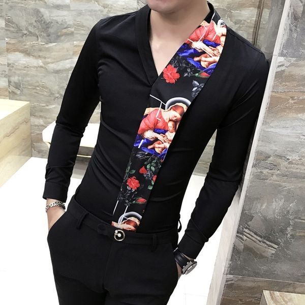 

fashion splice flower shirt printing man camisa masculina spring new pattern long sleeve slim fit shirts nightclub chemise homme, White;black