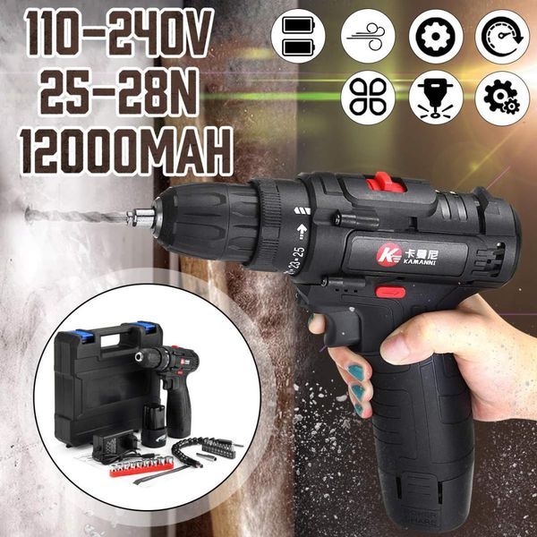 

12/18v rechargeable 2 battery 12000/9000mah brushless cordless electric drill screwdriver hammer led lighting