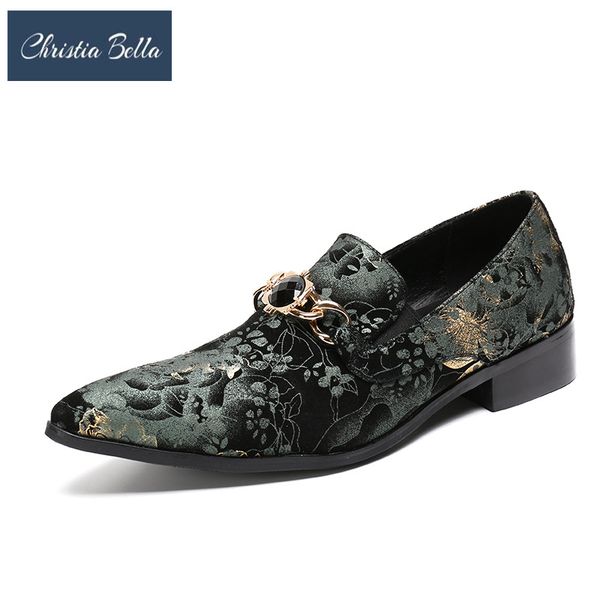 

christia bella fashion crystal chain printing formal party dress men shoes genuine leather plus size pointed toe slip on males, Black
