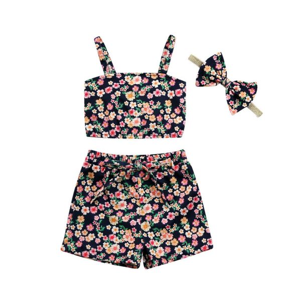 

au 3pcs toddler kid baby girl floral clothes crop vest shorts summer outfit, White