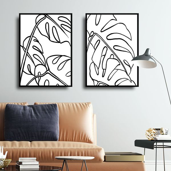 

monstera leaves poster line drawing canvas painting palm wall art print plant modern picture for living room on the wall decor