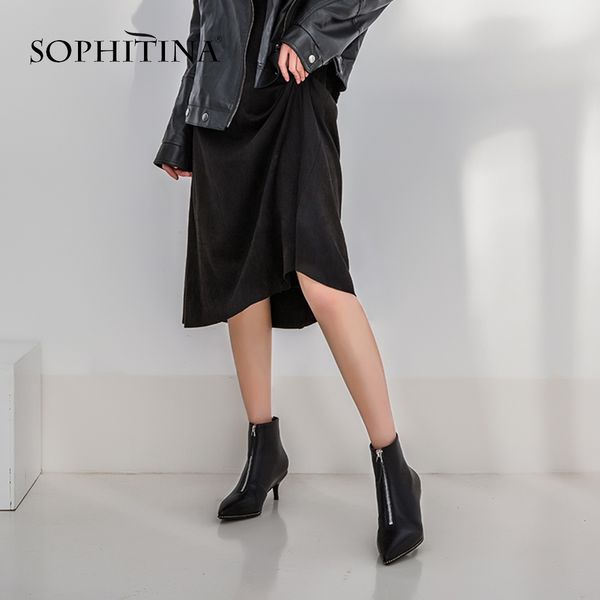 

sophitina fashion women's boots unique genuine leather pointed thin heel shoes new ankle boots so16, Black