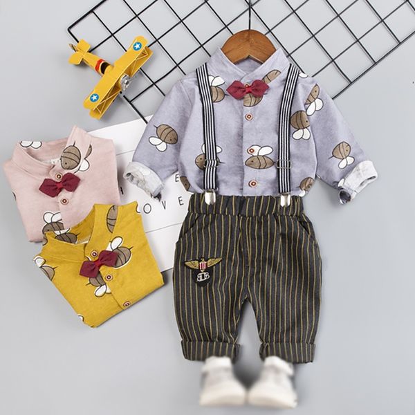 

autumn toddler newborn boy outfits long sleeve animal print strap striped trousers casual sets, White