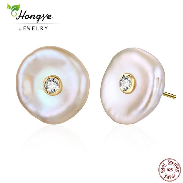 

hongye 2018 women earring real natural freshwater pearl baroque stud earrings 925 sterling silver flat brincos silver jewelry, Golden;silver