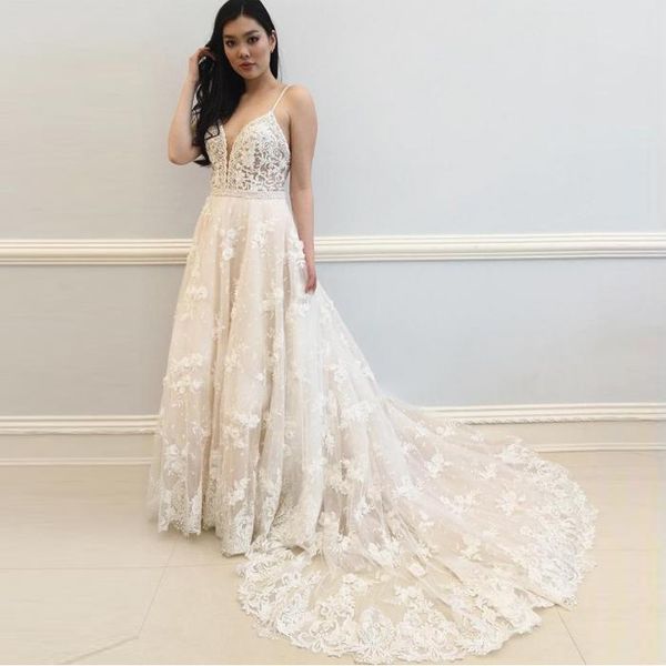 

enchanting spaghetti a line wedding dresses with lace appliques affordable wedding dresses lace up back champagne wedding dress plus size, White