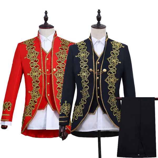 

2019 3 colors groom tuxedo wedding singer suits gold embroidery slim fit suit prom dresses fashion casual suit men, White;black