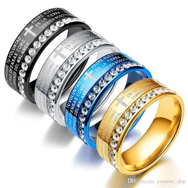 

classic spain bible scripture cross couple rings with crystal religion verse stainless steel finger ring for men women fashion faith jewelry, Silver