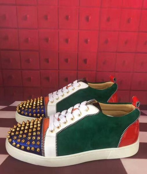 

popular designer low spikes junior sneakers with rivets black shiny leather red bottom shoes men,women outdoor fashion casual walking