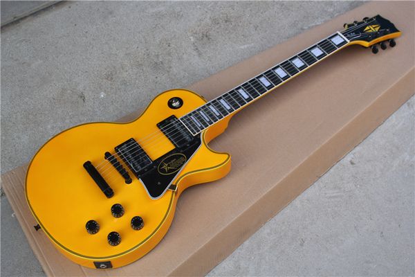 

wholesale yellow electric guitar with black hardware,ebony fretboard,frets binding,fixed bridge,offering customized services