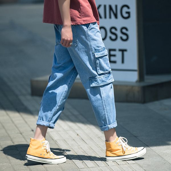 

2019 summer new men's jeans multi-pocket loose fit straight overalls youth trend nine pants ankle length cargo pants student, Blue