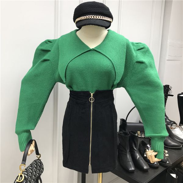 

sweater woman new autumn winter solid color large lapel puff sleeve loose pullover sweater female girls jumper knitwear, White;black