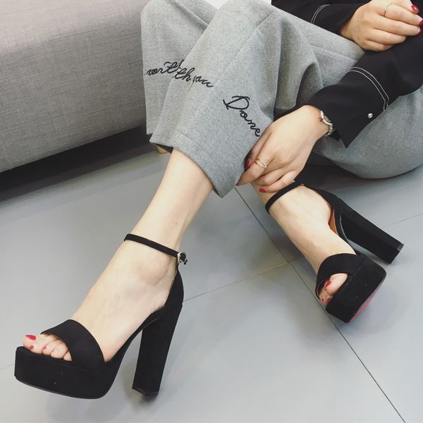 

suede straight-line buckle ribbonfish mouth waterproof platform high heel shoes thin heeled women's sandals 2017 summer new styl, Black