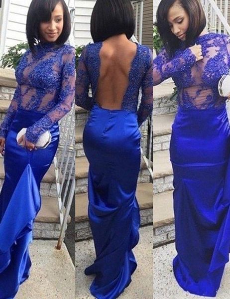 

royal blue lace backless prom evening dresses 2019 illusion long sleeve applique beads elegant formal evening dress special occasion, Black