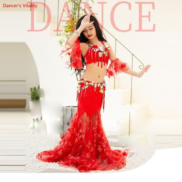 

2019 new girl belly dance performance service high-end children's bag hip dress set bra+long skirt 2pcs, Black;red