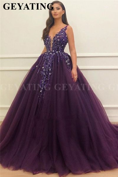 

arabic purple tulle ball gown dubai evening dress 2019 elegant v-neck beaded crystal plus size women prom long formal dresses, White;black