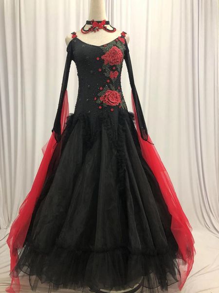

standard ballroom dance dress long sleeve waltz dancing costume ballroom competition dance dresses women, Black;red
