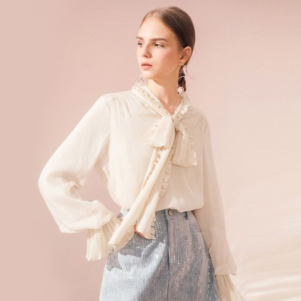 

shirt women's professional temperament suit design sense minority lantern sleeve bow tie chiffon women's summer, White
