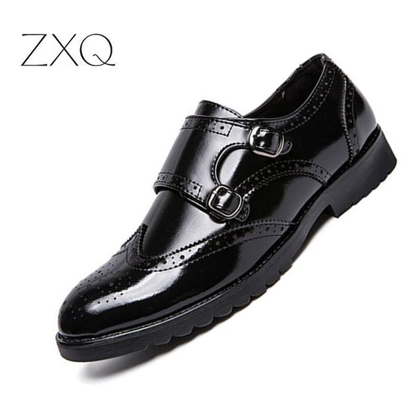 

men business wedding brogues luxury patent leather formal oxford shoes double buckle vintage monk shoes for men, Black