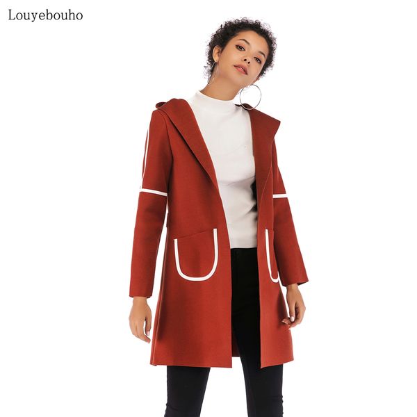 

2019 women hooded wool outwear coat autumn fall winter ladies warm thicken long outerwear casual office pockets overcoat jacket, Black