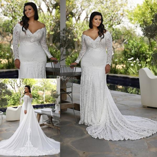 

long sleeve mermaid wedding dresses with detachable dancing train 2020 plus size v-neck full lace chiffon bohemian bride wedding gown, White