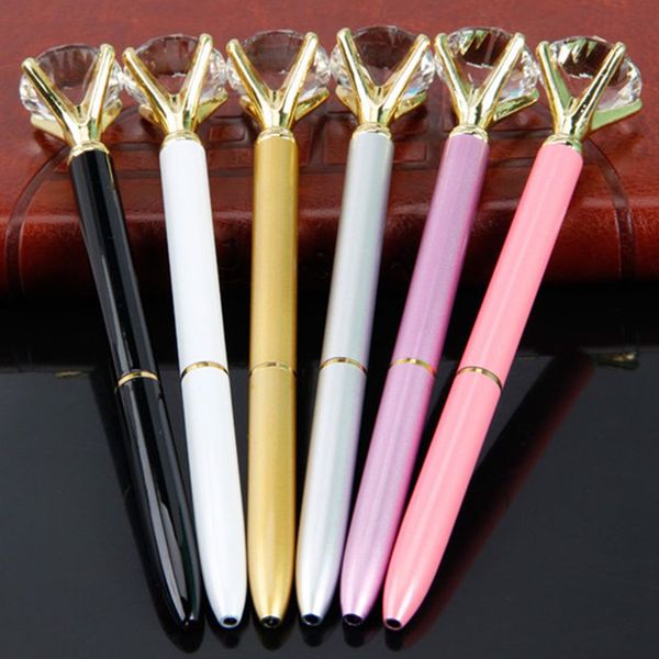 

6pcs big carat diamond crystal pen gem ballpoint pen ring wedding office metal ring roller ball fashion school office supp, Blue;orange