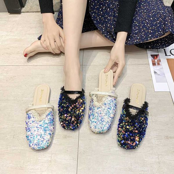 

rivet mules for women 2020 slippers casual cover toe slides low loafers flat shoes female pantofle luxury square new soft, Black