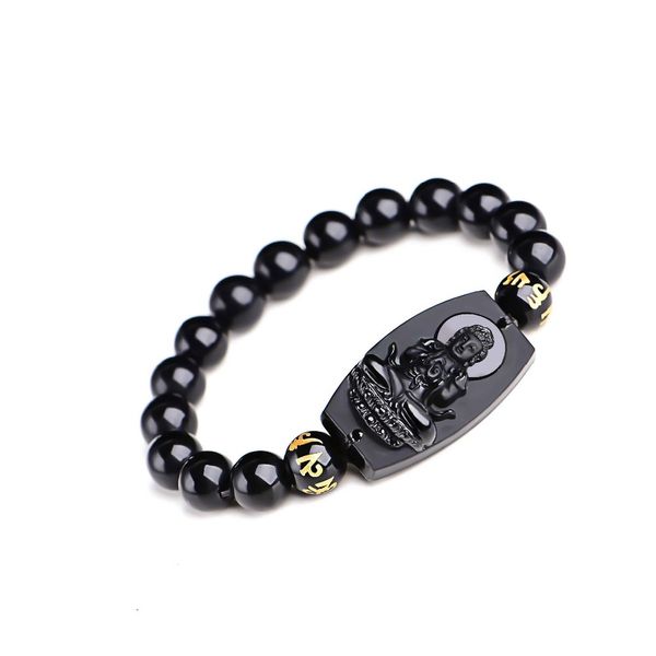 

fashion- natural black obsidian carved buddha lucky amulet round beads bracelet for women men bracelet jewelry s915