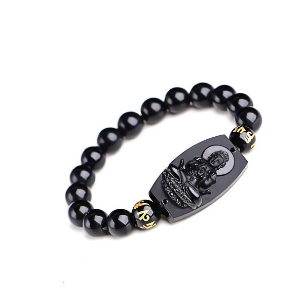 Mode-Hochwertige natürliche schwarze Obsidian geschnitzt Buddha Glück Amulett Runde Perlen Armband für Frauen Männer Armband Schmuck S915