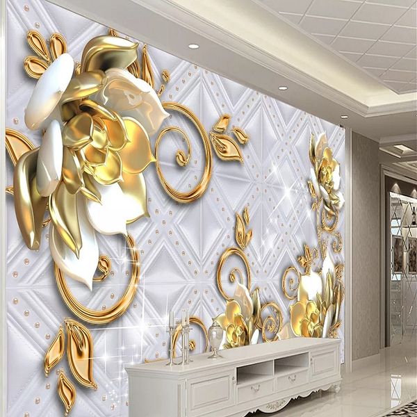 

custom large mural 3d wallpaper modern creative fashion jewelry chinese lotus golden yellow abstract wall decor deep 5d embossed