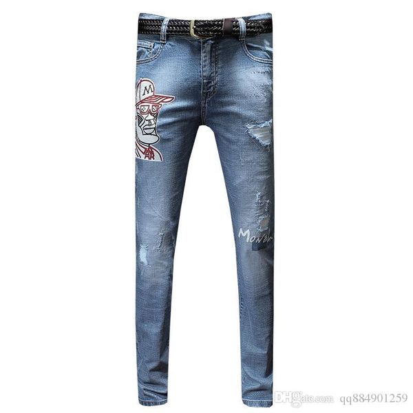 

2020 new men's light-colored printed hole jeans feet slim tide men's trousers casual jeans size 28-36 rop streetwear men's pa, Blue