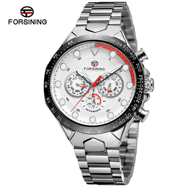 

forsining brand men automatic white sports watch stainless steel band waterproof mechanical business watches, Slivery;brown