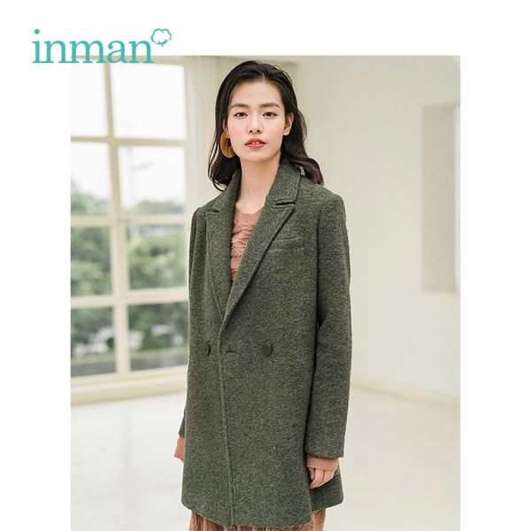 

inman winter new arrival turn down collar retro hongkong style warm women middle long woolen coat, Black