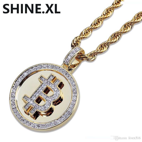 

hip hop gold color plated iced out micro pave zirconia round bitcoin pendant necklace for men women bling jewelry gift, Silver