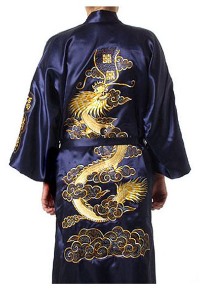 

navy blue traditional chinese men's satin silk robe embroidery dragon kimono bath gown nightwear s  l xl xxl xxxl mr024, Black;brown