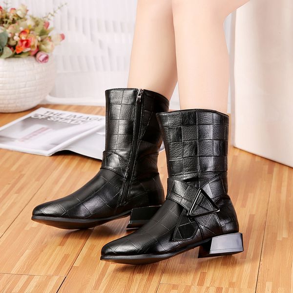 

2019 new black winter boots mid calf leather boots women female plus size zipper pointed toe square low heels shoes woman