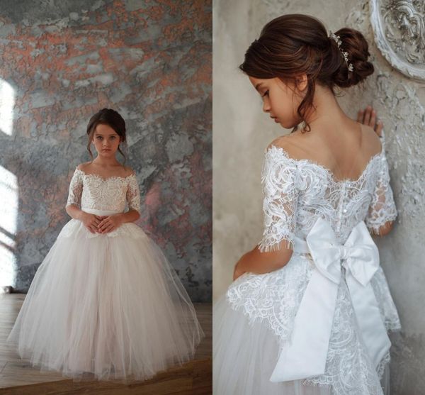 

princess white off shoulder flower girls dresses lace appliqued tulle girls pageant dresses 3/4 long sleeves girl formal wedding dress, White;blue