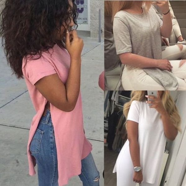 

new style fashion women summer loose short sleeve casual split on both sides t-shirt four colors solid, White
