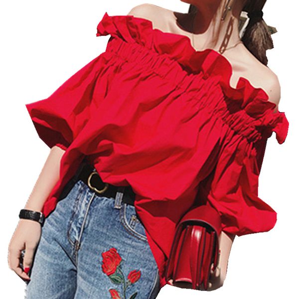 

plus size off shoulder blouse shirt ruffle half sleeve slash neck blouse women blouses 2019 summer sweet doll female, White