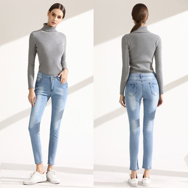 

2019 spring women denim pants slim stretch nine points jeans light blue 5611