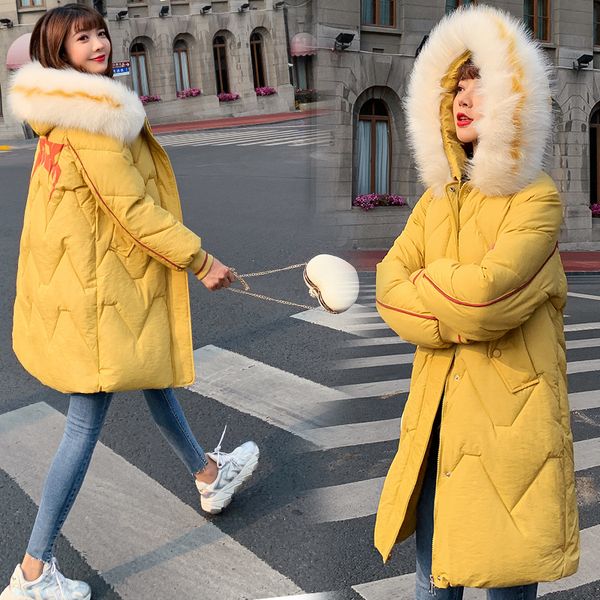 

nice new winter loose long section of thick fur collar down cotton jacket hooded jacket coat, Black