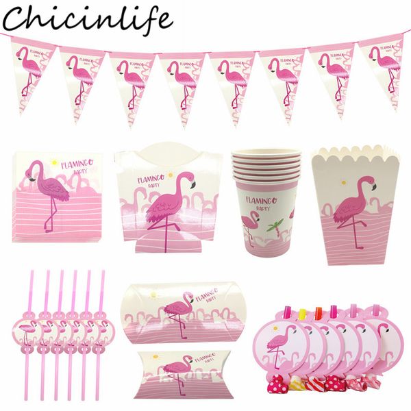 

chicinlife flamingos theme party disposable tableware sets paper cup plates napkin straw banner birthday summer party supplies